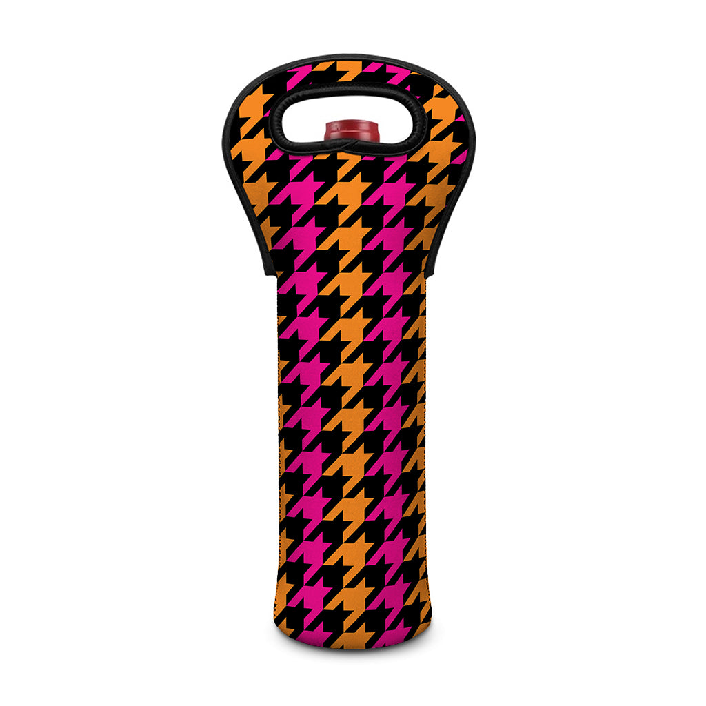 Orange Pink And Black Houndstooth Print Single Neoprene Wine Tote