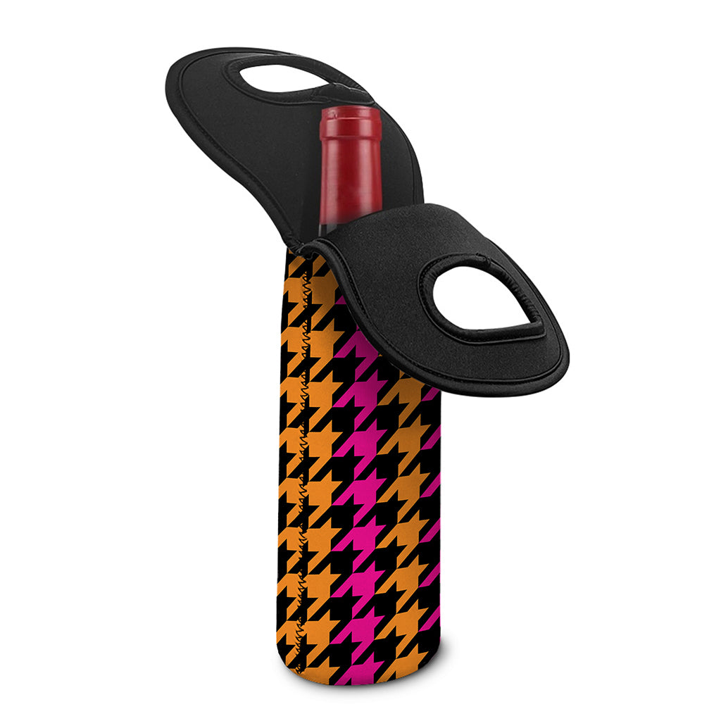 Orange Pink And Black Houndstooth Print Single Neoprene Wine Tote