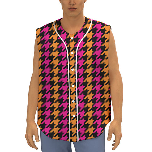 Orange Pink And Black Houndstooth Print Sleeveless Baseball Jersey