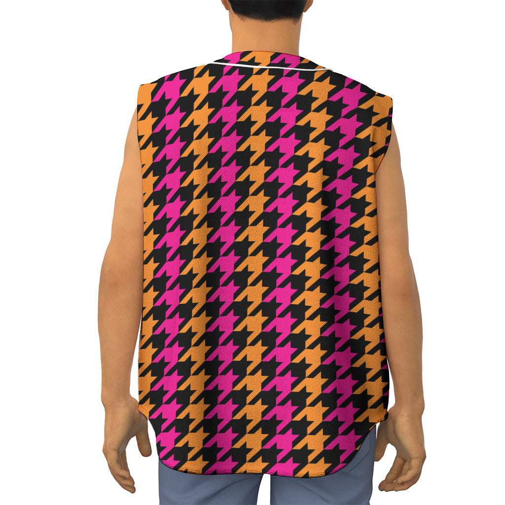 Orange Pink And Black Houndstooth Print Sleeveless Baseball Jersey