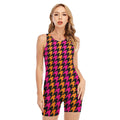 Orange Pink And Black Houndstooth Print Sleeveless One Piece Swimsuit