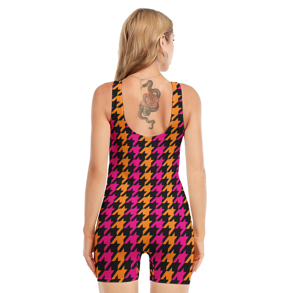 Orange Pink And Black Houndstooth Print Sleeveless One Piece Swimsuit