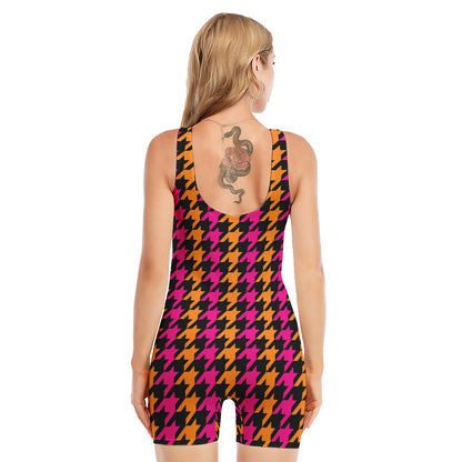 Orange Pink And Black Houndstooth Print Sleeveless One Piece Swimsuit