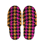 Orange Pink And Black Houndstooth Print Slippers