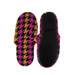 Orange Pink And Black Houndstooth Print Slippers