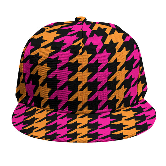 Orange Pink And Black Houndstooth Print Snapback Cap