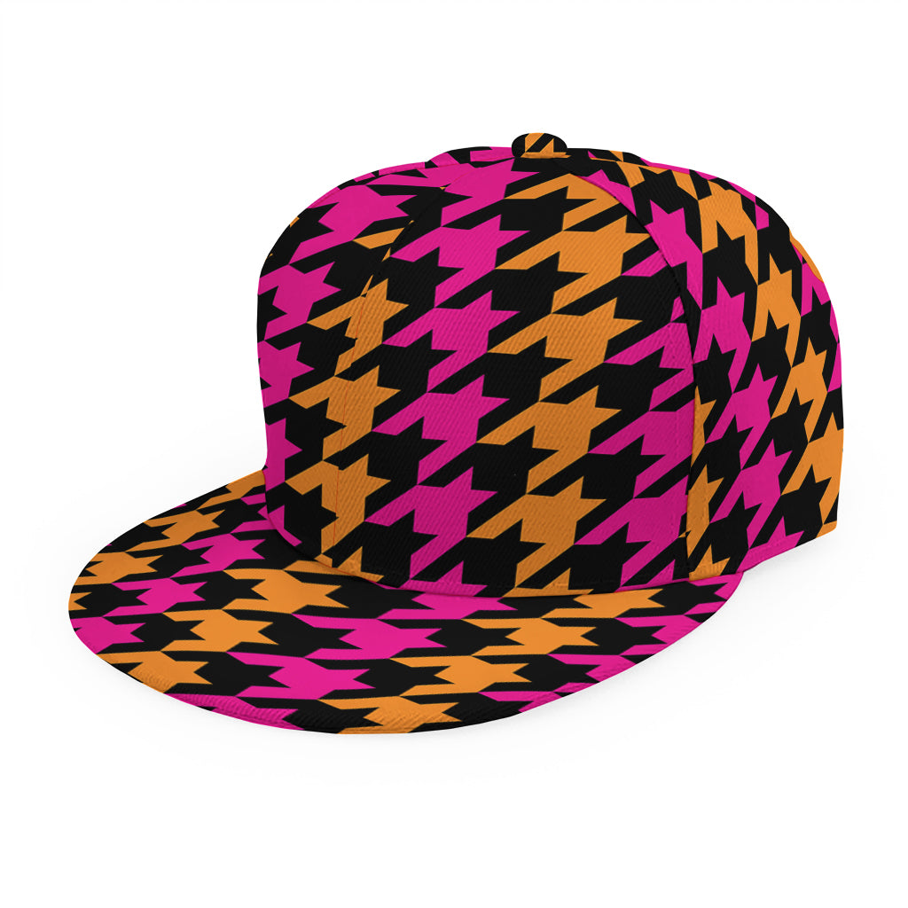 Orange Pink And Black Houndstooth Print Snapback Cap