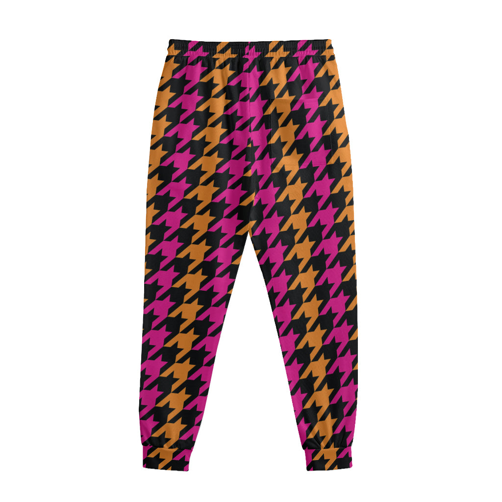 Orange Pink And Black Houndstooth Print Sweatpants