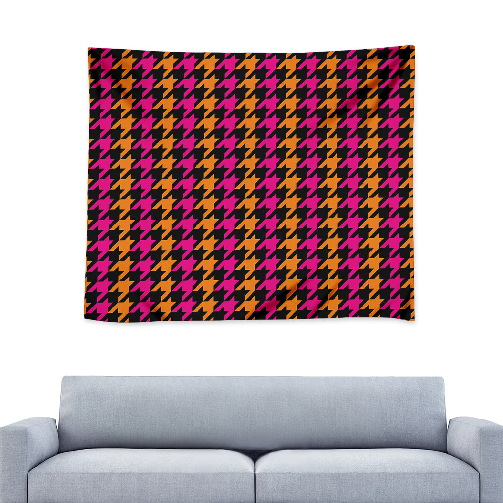Orange Pink And Black Houndstooth Print Tapestry