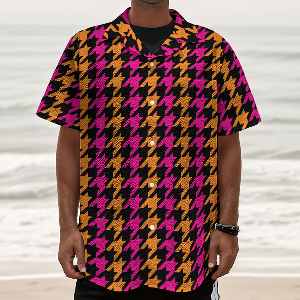 Orange Pink And Black Houndstooth Print Textured Short Sleeve Shirt