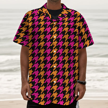 Orange Pink And Black Houndstooth Print Textured Short Sleeve Shirt