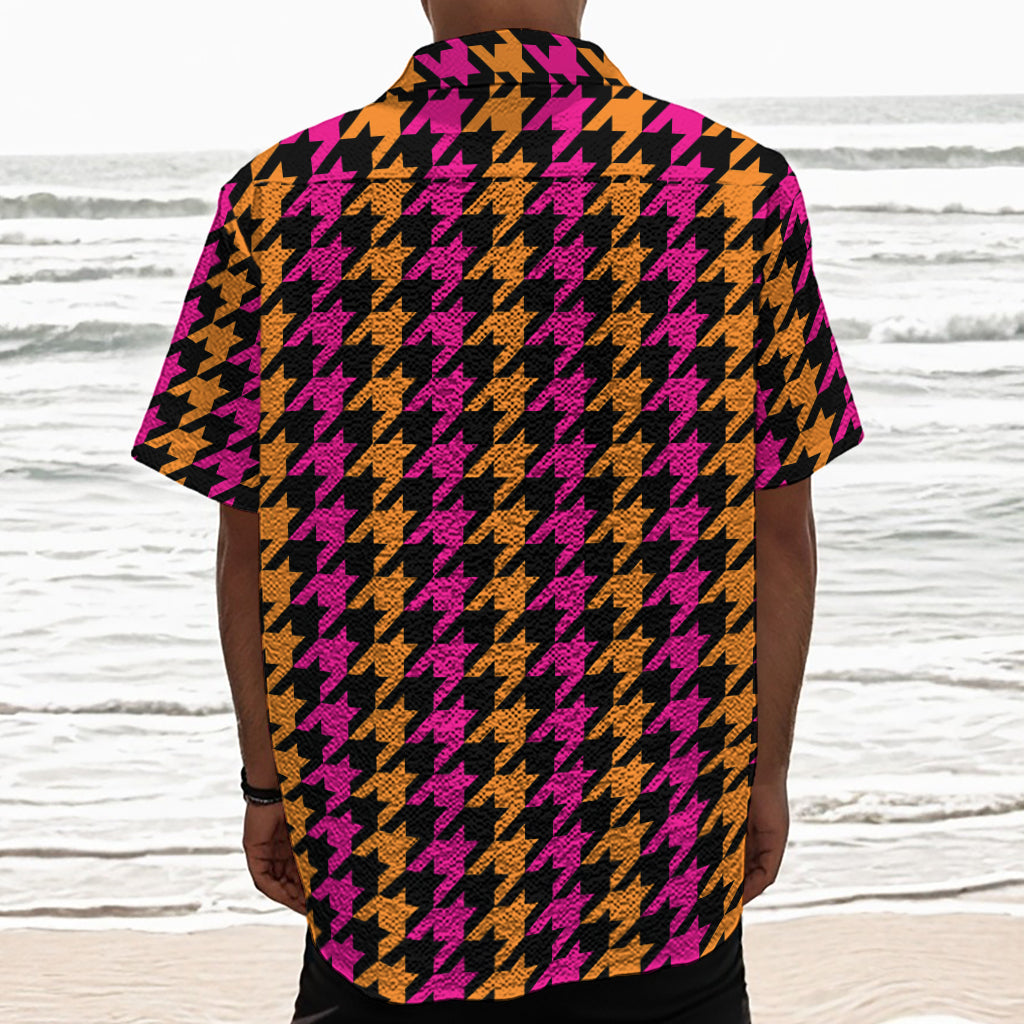 Orange Pink And Black Houndstooth Print Textured Short Sleeve Shirt