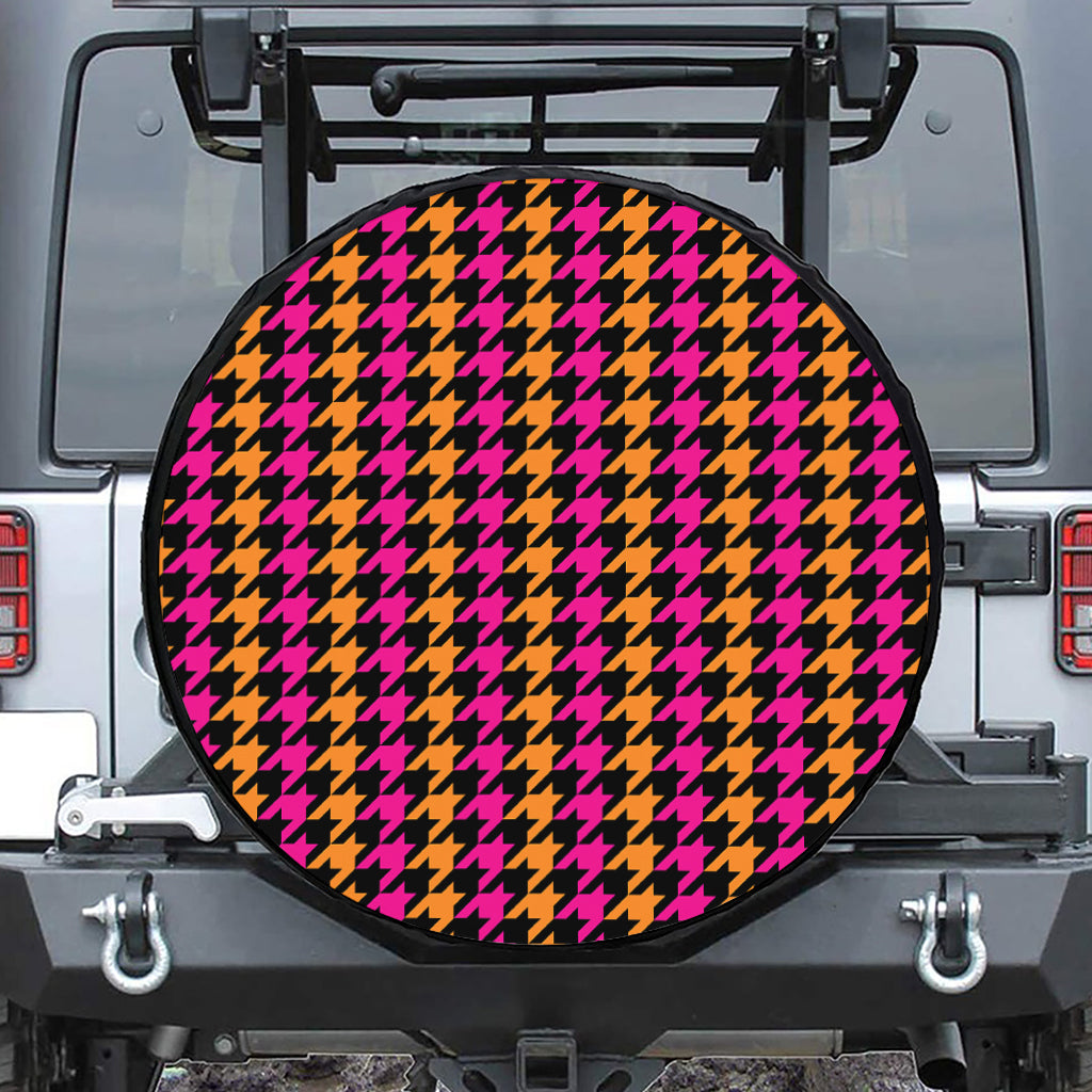 Orange Pink And Black Houndstooth Print Tire Cover