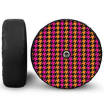 Orange Pink And Black Houndstooth Print Tire Cover With Camera Hole