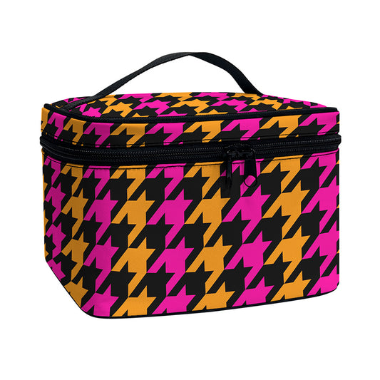 Orange Pink And Black Houndstooth Print Travel Makeup Bag