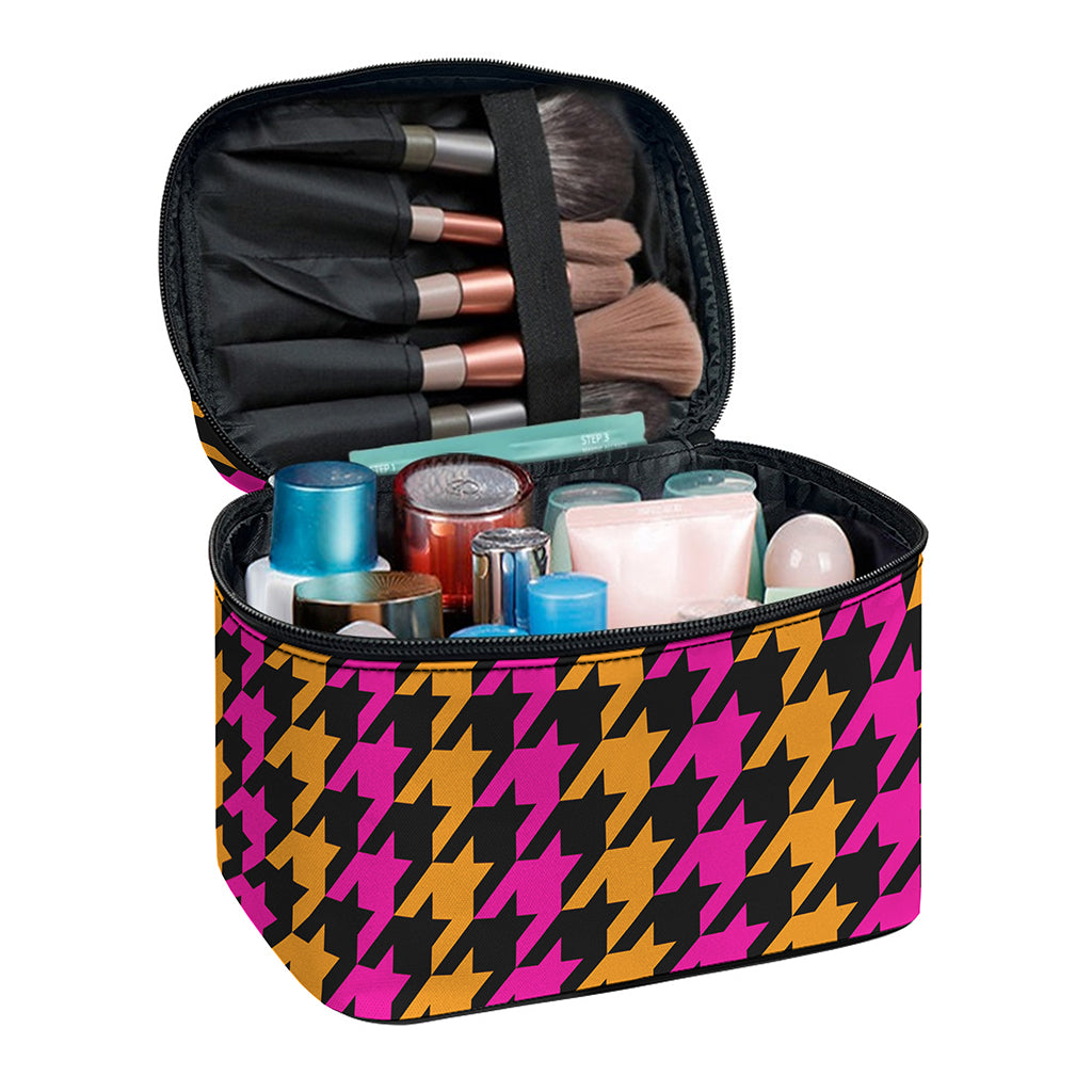 Orange Pink And Black Houndstooth Print Travel Makeup Bag
