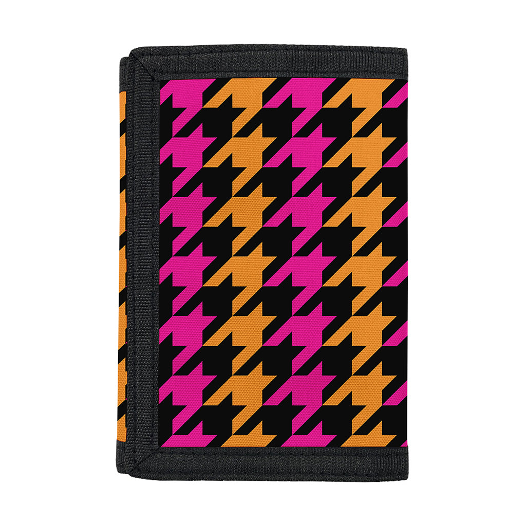 Orange Pink And Black Houndstooth Print Trifold Wallet