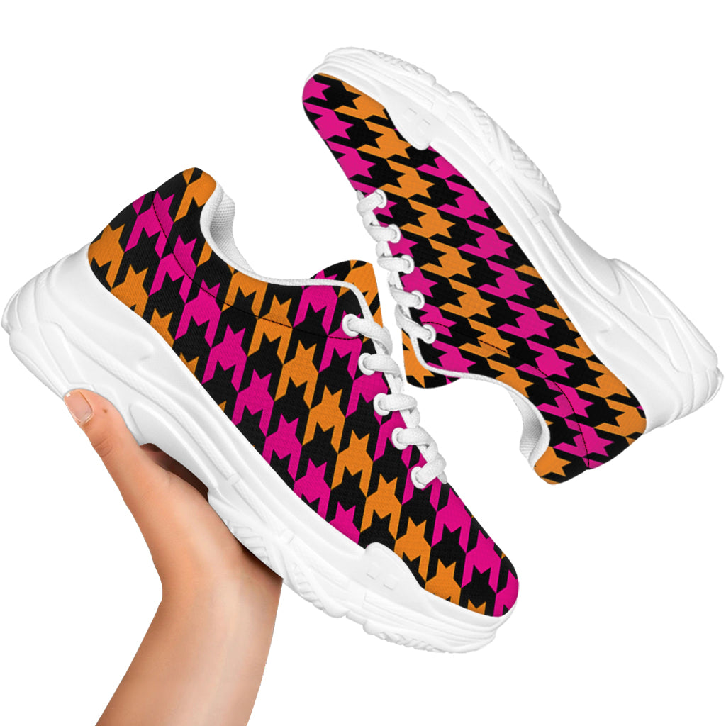 Orange Pink And Black Houndstooth Print White Chunky Shoes