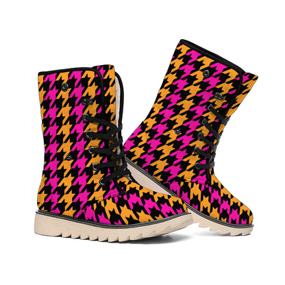 Orange Pink And Black Houndstooth Print Winter Boots