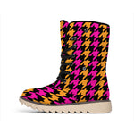 Orange Pink And Black Houndstooth Print Winter Boots