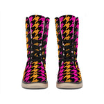 Orange Pink And Black Houndstooth Print Winter Boots
