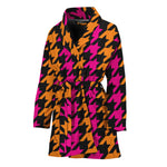Orange Pink And Black Houndstooth Print Women's Bathrobe