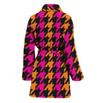 Orange Pink And Black Houndstooth Print Women's Bathrobe