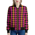 Orange Pink And Black Houndstooth Print Women's Bomber Jacket