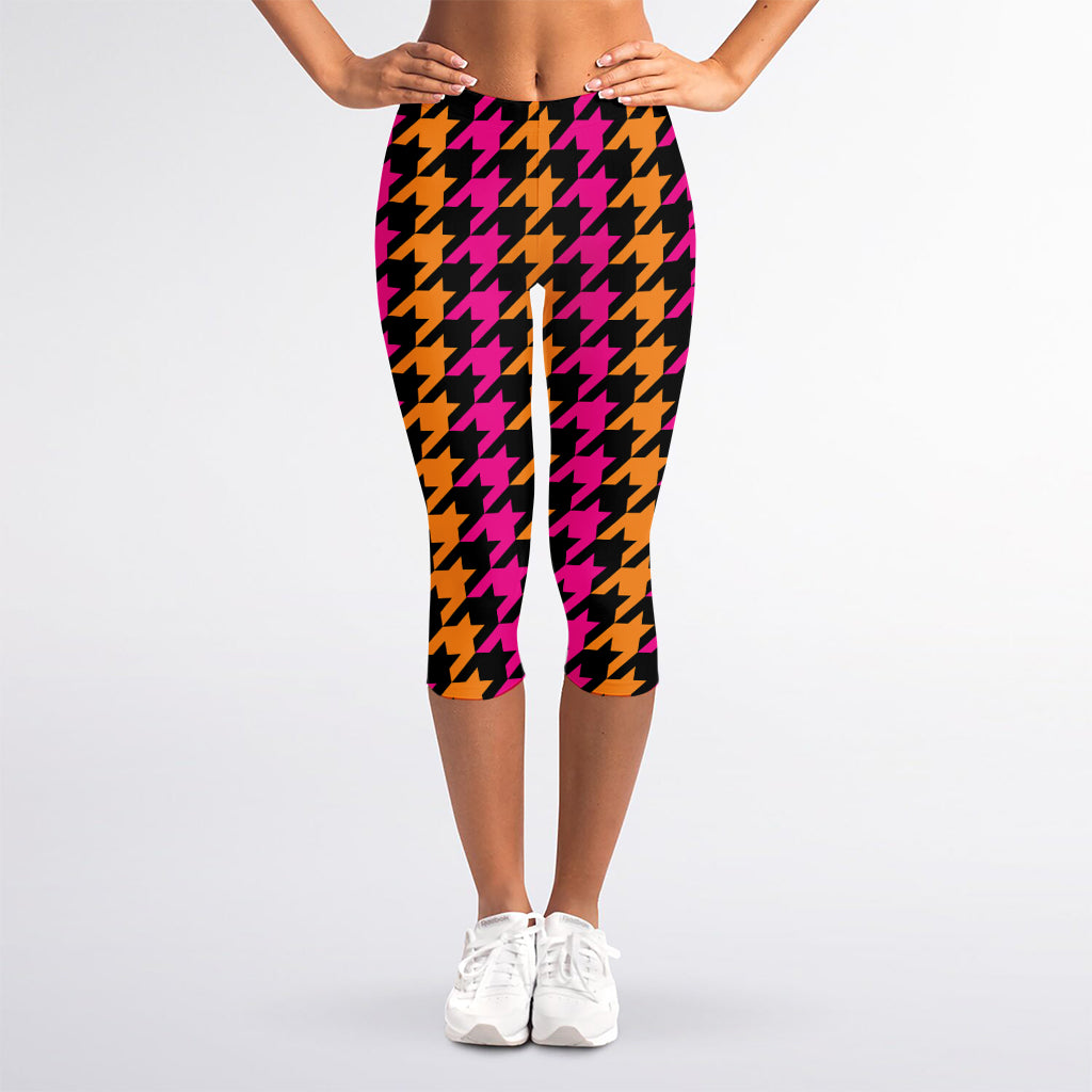 Orange Pink And Black Houndstooth Print Women's Capri Leggings