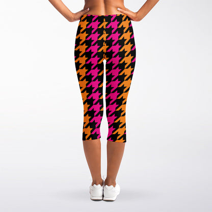 Orange Pink And Black Houndstooth Print Women's Capri Leggings