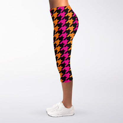 Orange Pink And Black Houndstooth Print Women's Capri Leggings