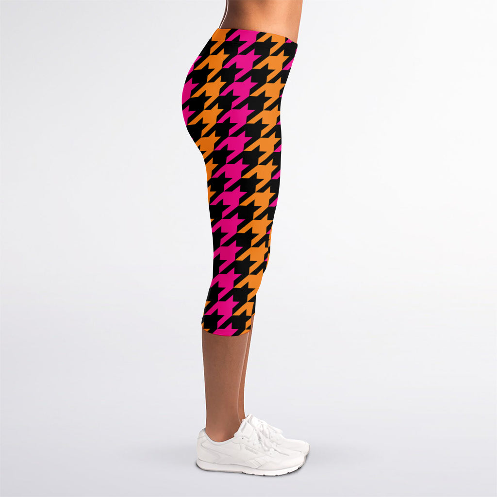 Orange Pink And Black Houndstooth Print Women's Capri Leggings