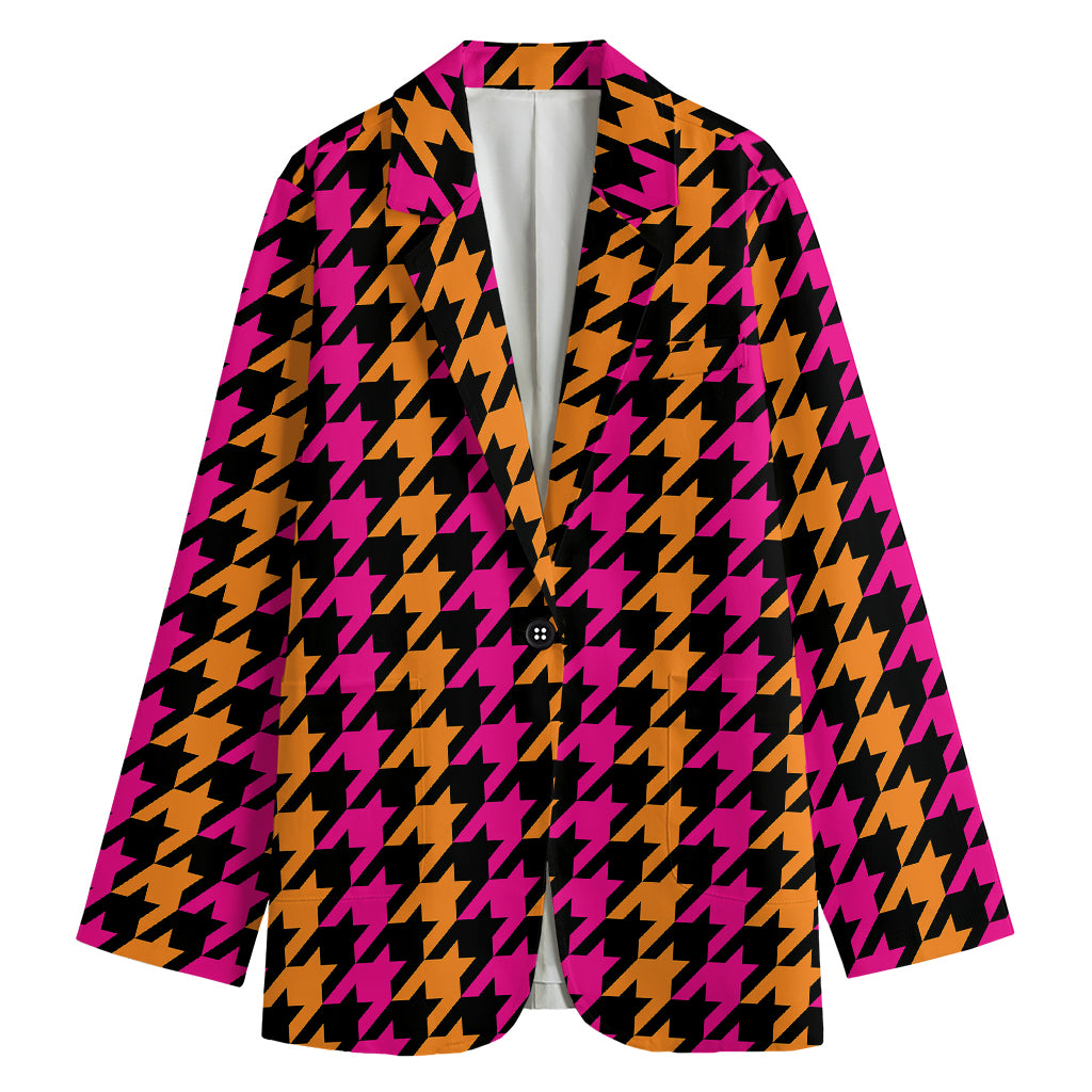 Orange Pink And Black Houndstooth Print Women's Cotton Blazer
