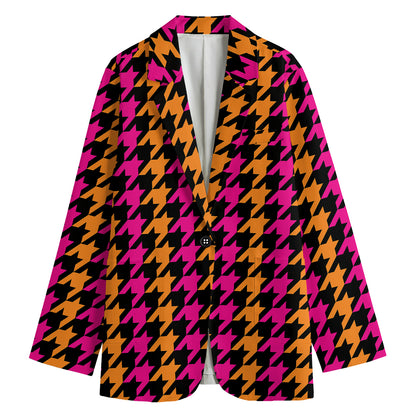 Orange Pink And Black Houndstooth Print Women's Cotton Blazer
