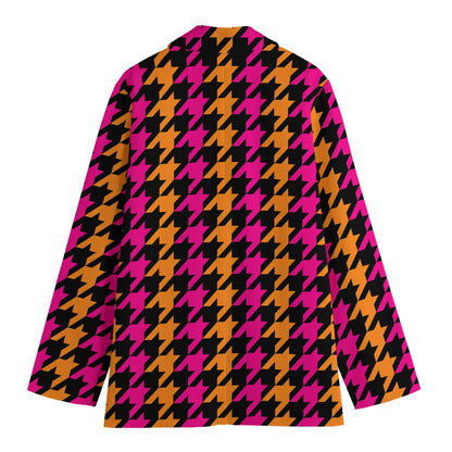 Orange Pink And Black Houndstooth Print Women's Cotton Blazer