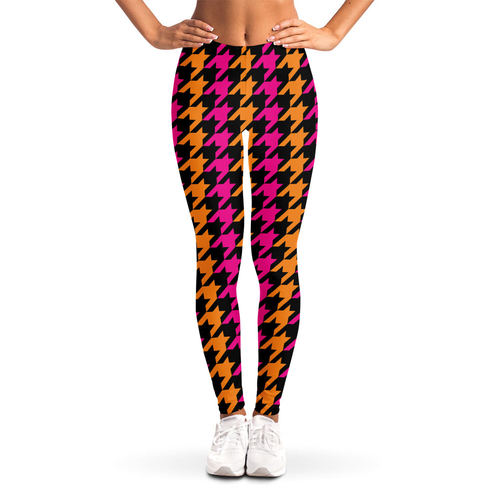 Orange Pink And Black Houndstooth Print Women's Leggings