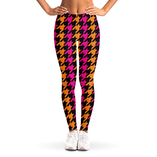 Orange Pink And Black Houndstooth Print Women's Leggings