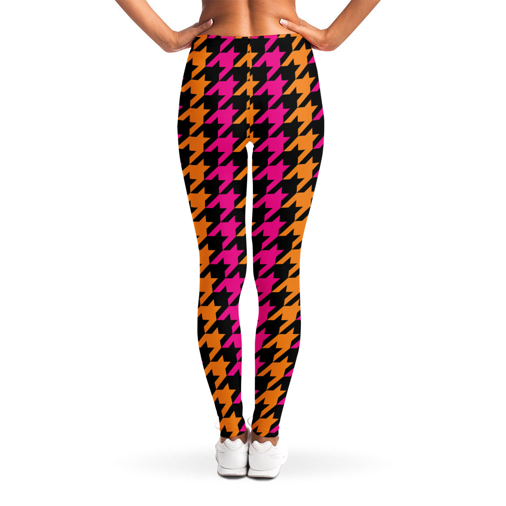 Orange Pink And Black Houndstooth Print Women's Leggings