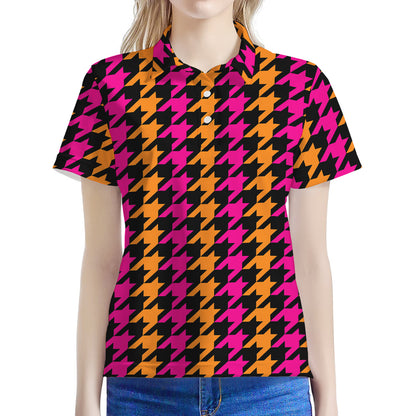 Orange Pink And Black Houndstooth Print Women's Polo Shirt