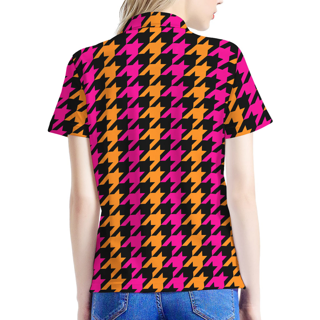 Orange Pink And Black Houndstooth Print Women's Polo Shirt