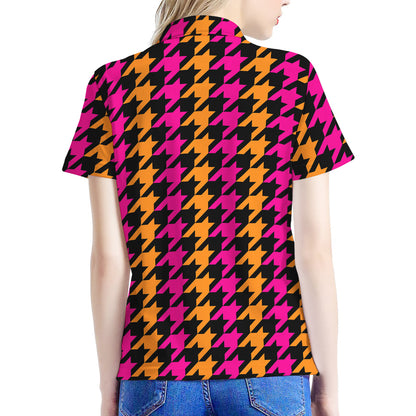 Orange Pink And Black Houndstooth Print Women's Polo Shirt