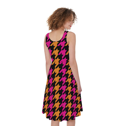 Orange Pink And Black Houndstooth Print Women's Sleeveless Dress