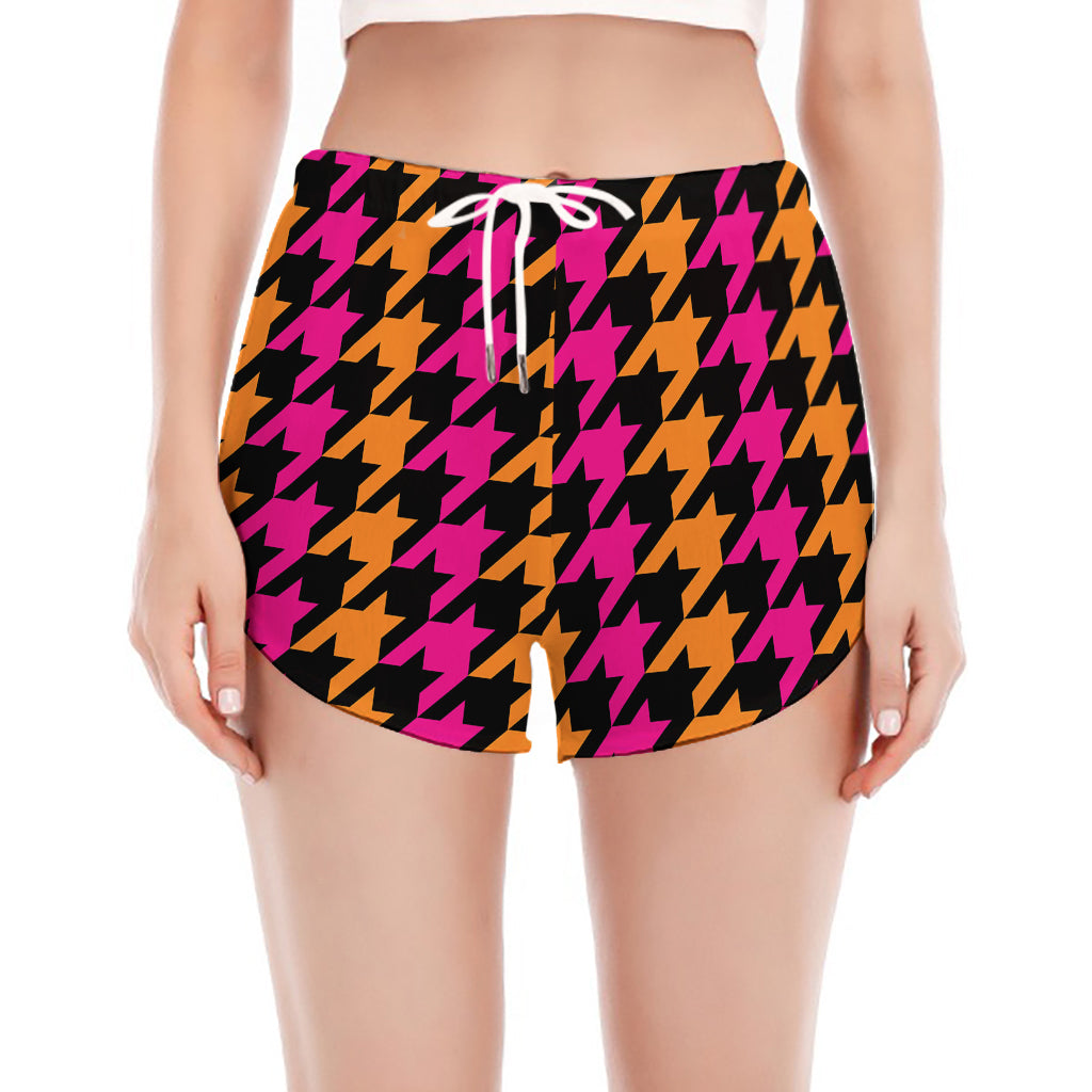 Orange Pink And Black Houndstooth Print Women's Split Running Shorts