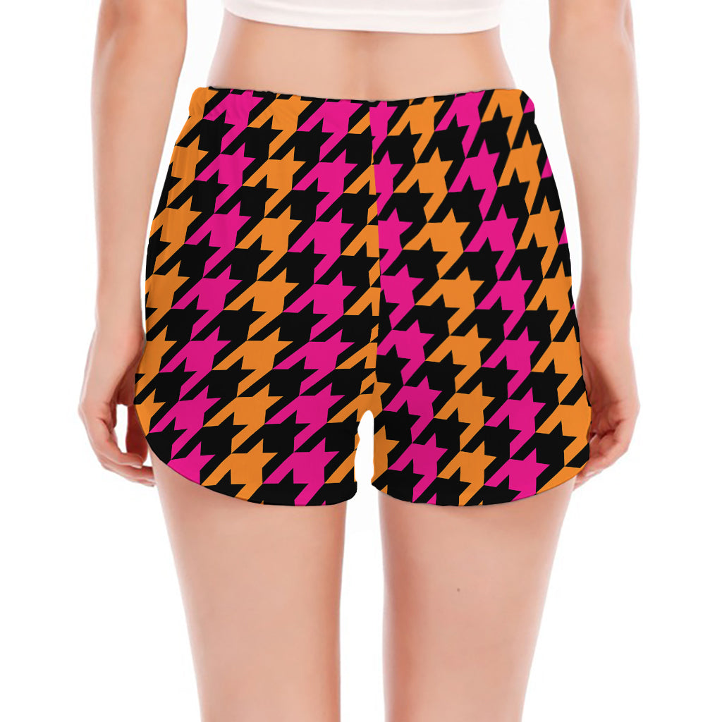 Orange Pink And Black Houndstooth Print Women's Split Running Shorts