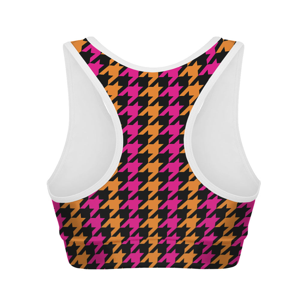 Orange Pink And Black Houndstooth Print Women's Sports Bra