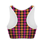 Orange Pink And Black Houndstooth Print Women's Sports Bra