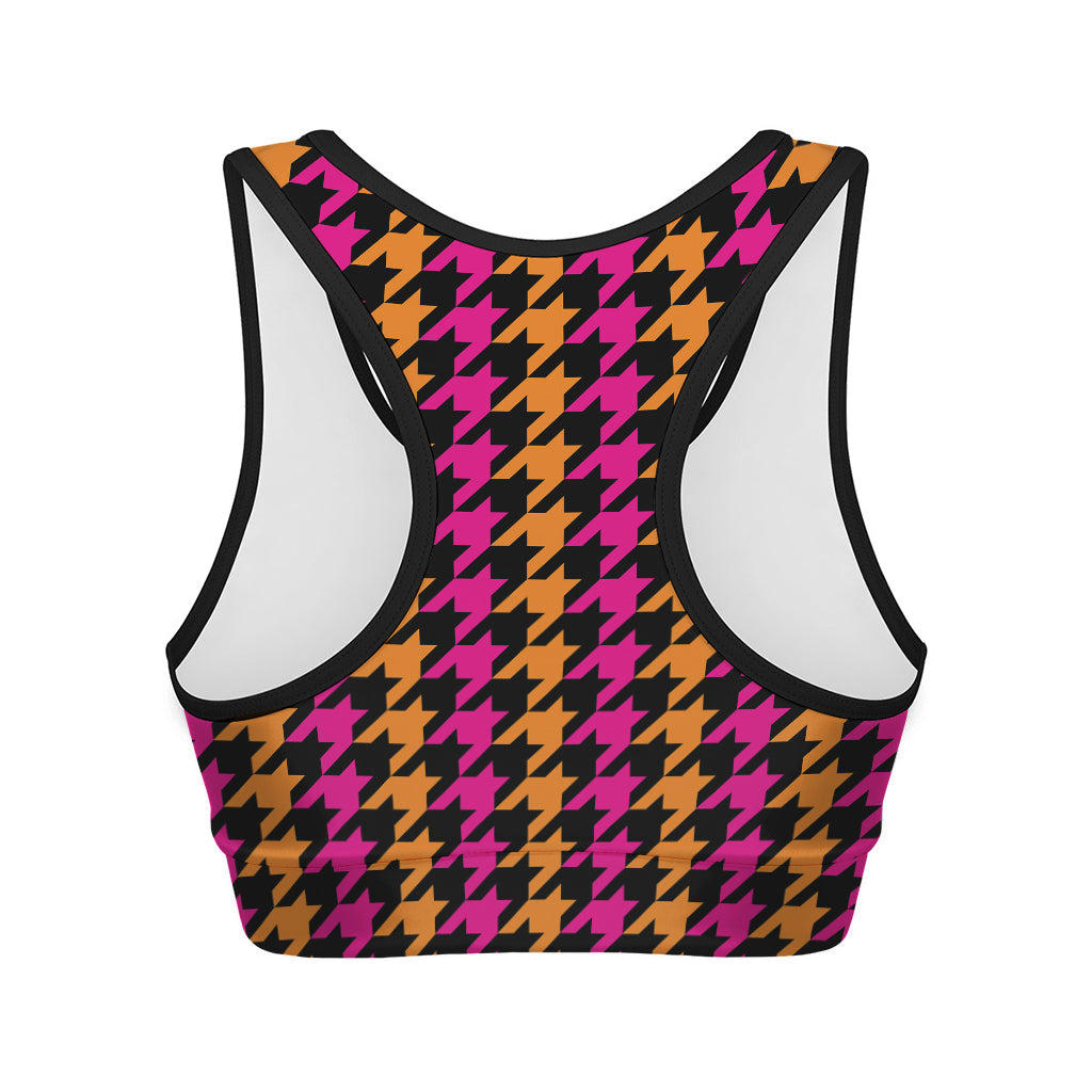 Orange Pink And Black Houndstooth Print Women's Sports Bra