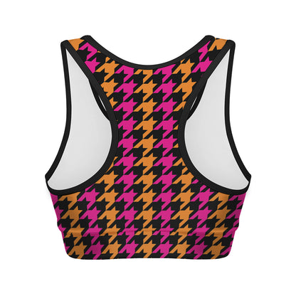 Orange Pink And Black Houndstooth Print Women's Sports Bra
