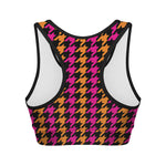 Orange Pink And Black Houndstooth Print Women's Sports Bra