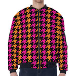 Orange Pink And Black Houndstooth Print Zip Sleeve Bomber Jacket